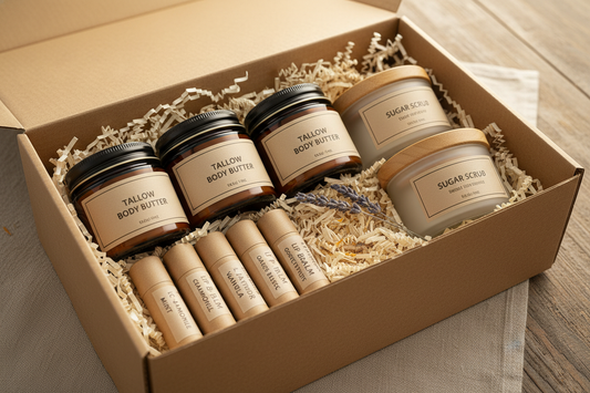 box filled with tallow body butters, sugar scrubs, and lip balms